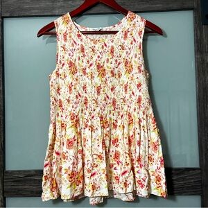 Rose & Olive Smocked Floral Sleeveless Blouse Pink & Yellow Peplum Medium Fairy